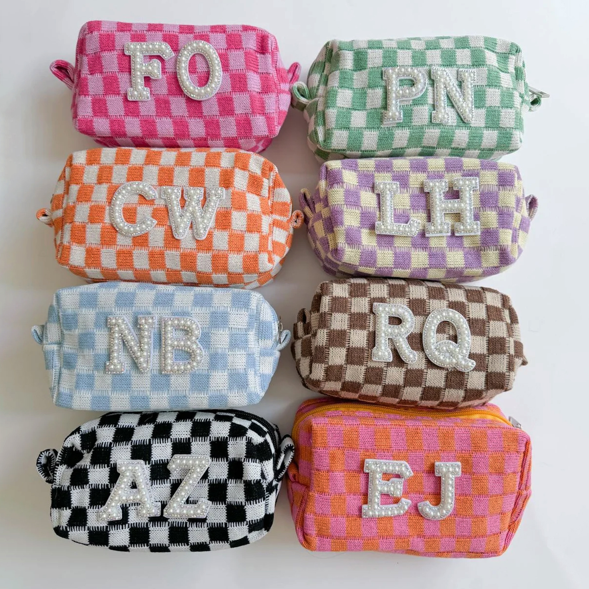 Personalized Checkered Pearl Patch Checkered Makeup Bag