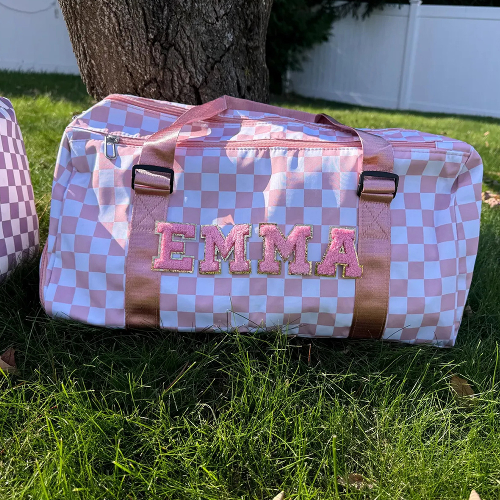 Personalized Chenille Patch Checkered Duffle Bag