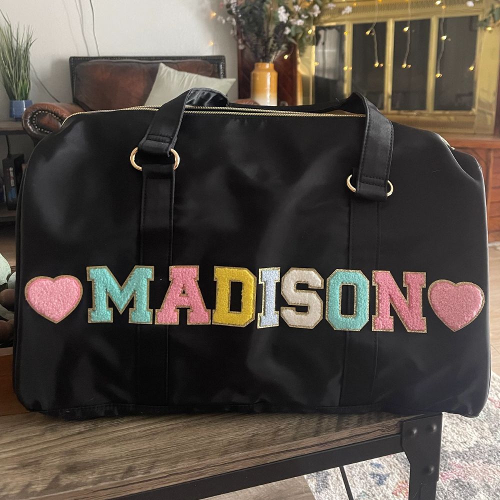 Personalized Chenille Patch Duffle Bag With Shoulder Strap