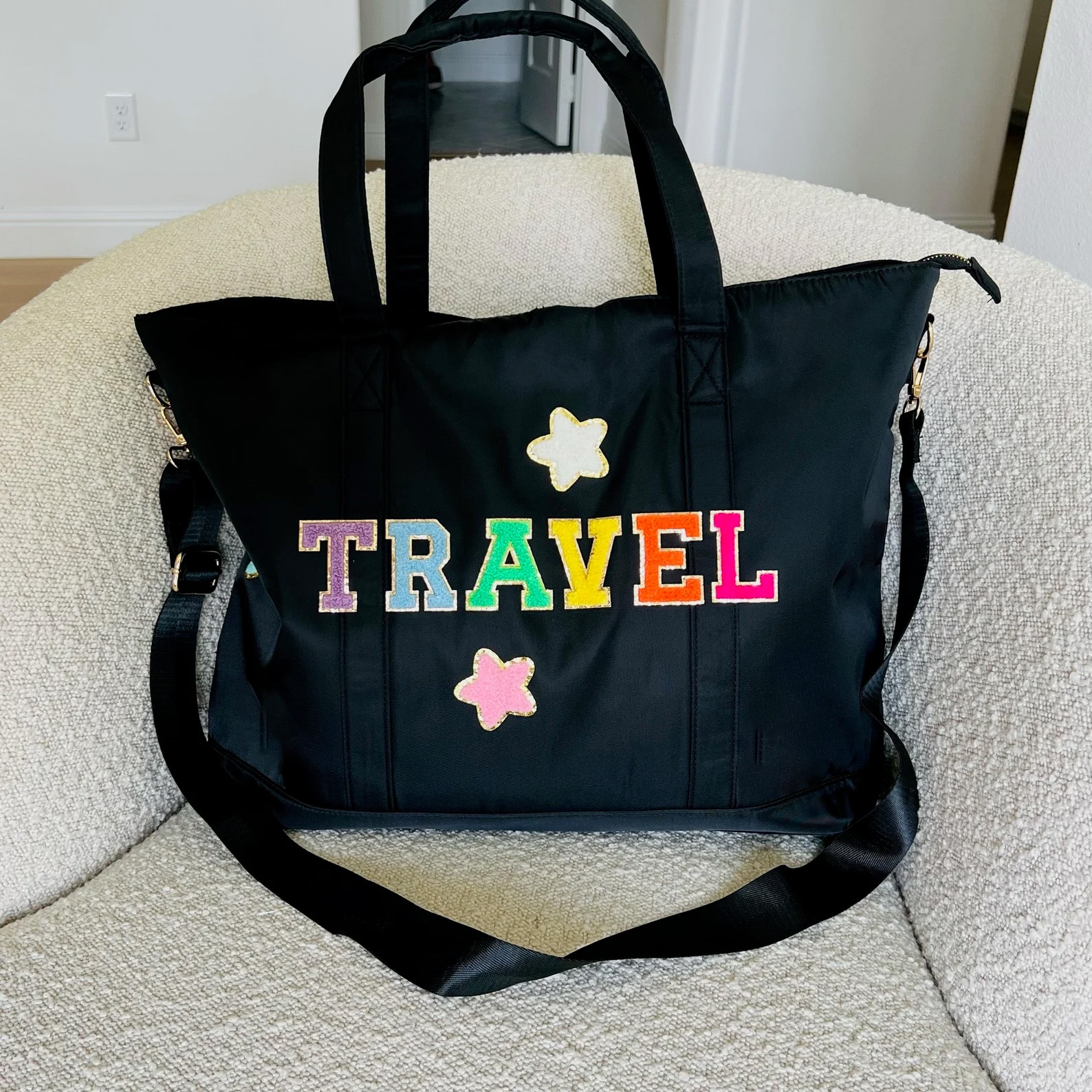 Personalized Chenille Letter Tote Bag With Shoulder Strap