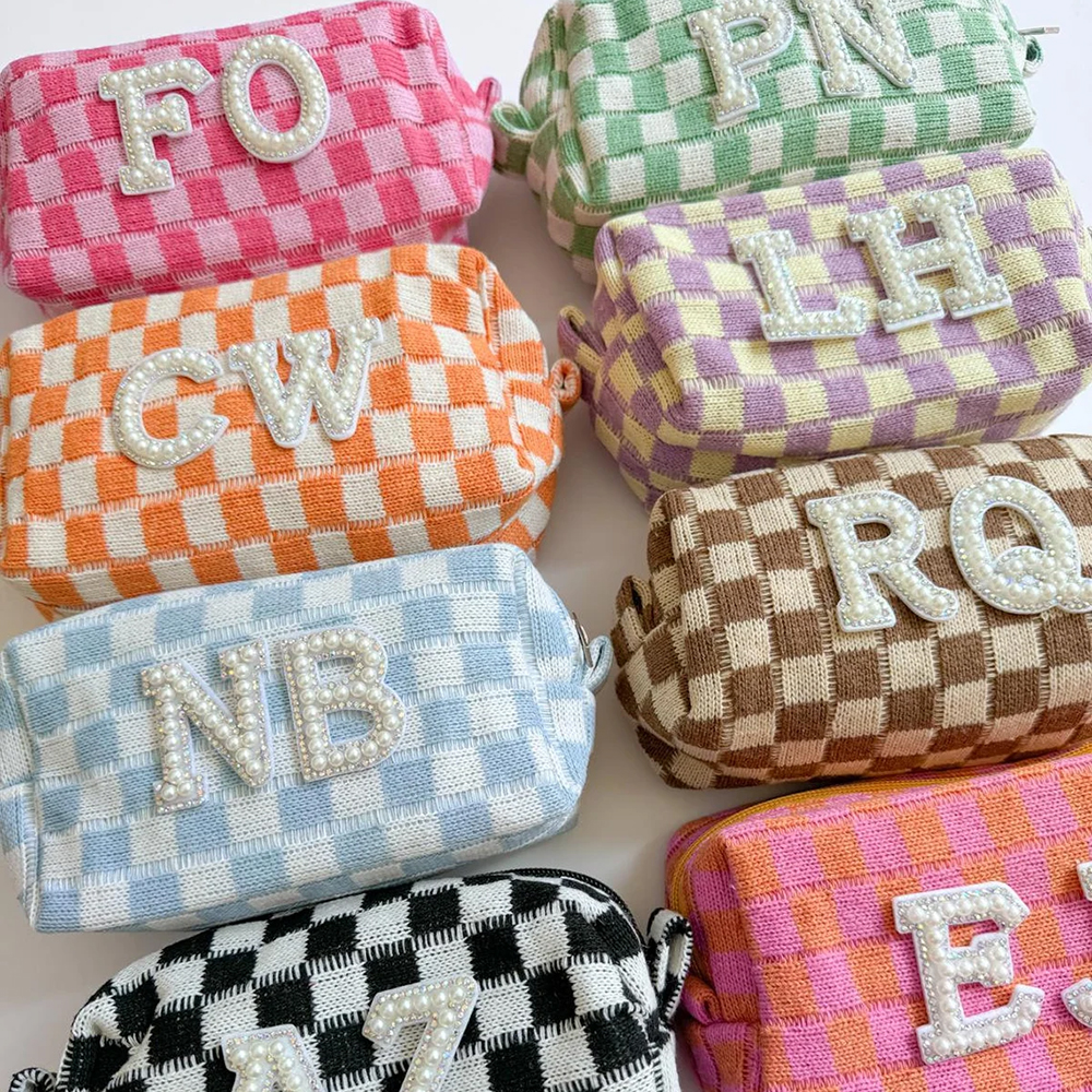 Personalized Checkered Pearl Patch Checkered Makeup Bag