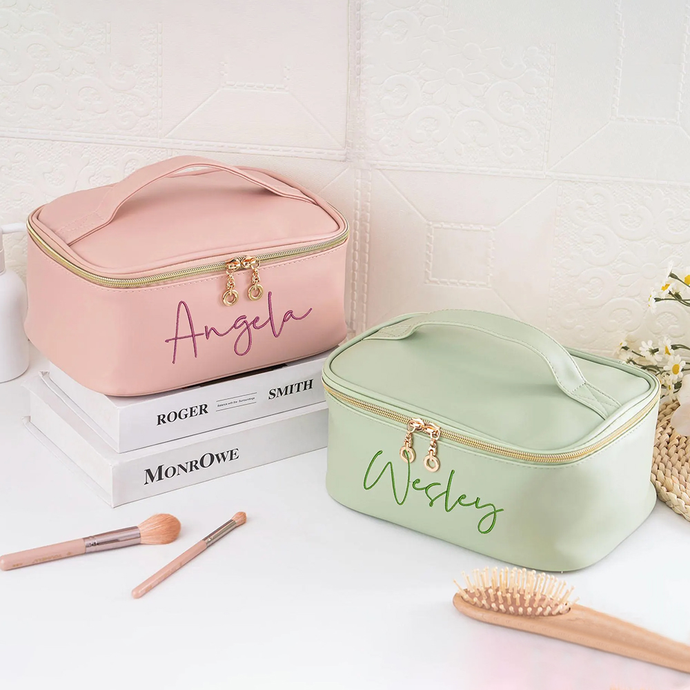 Personalized Embroidered Leather Travel Cosmetic Bag