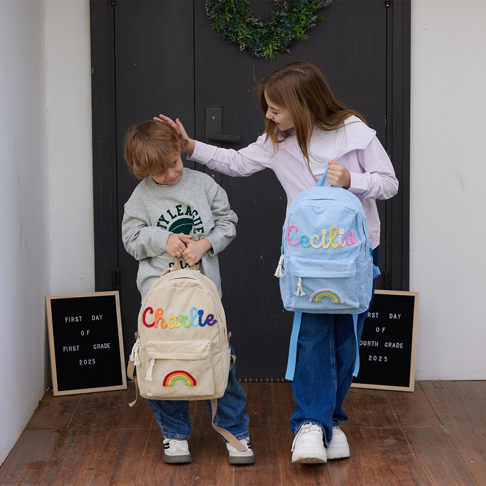 Personalized Hand Embroidery Corduroy Backpack and Handbag Set