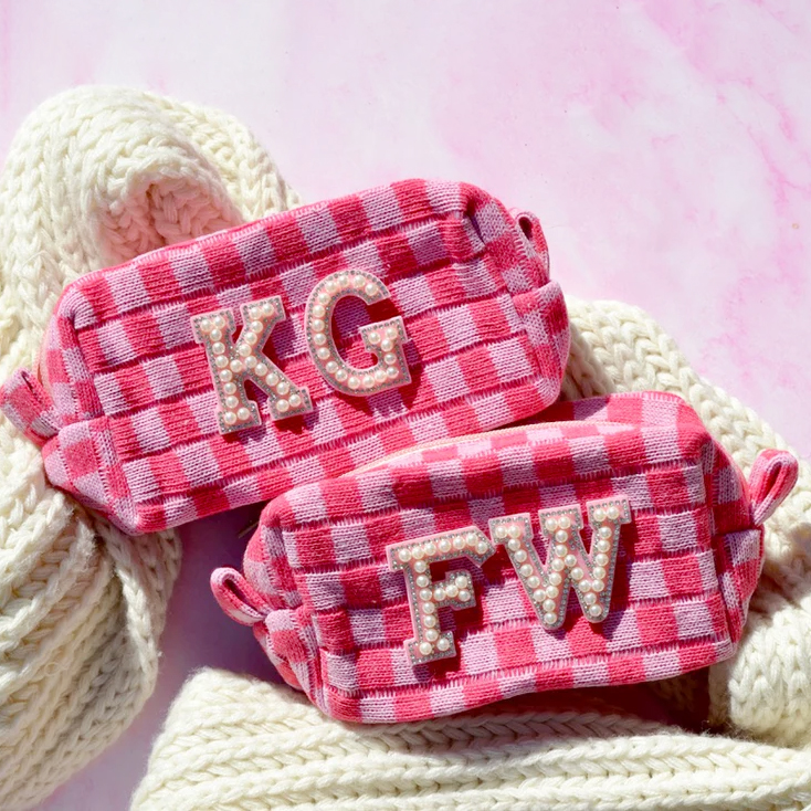 Personalized Checkered Pearl Patch Checkered Makeup Bag