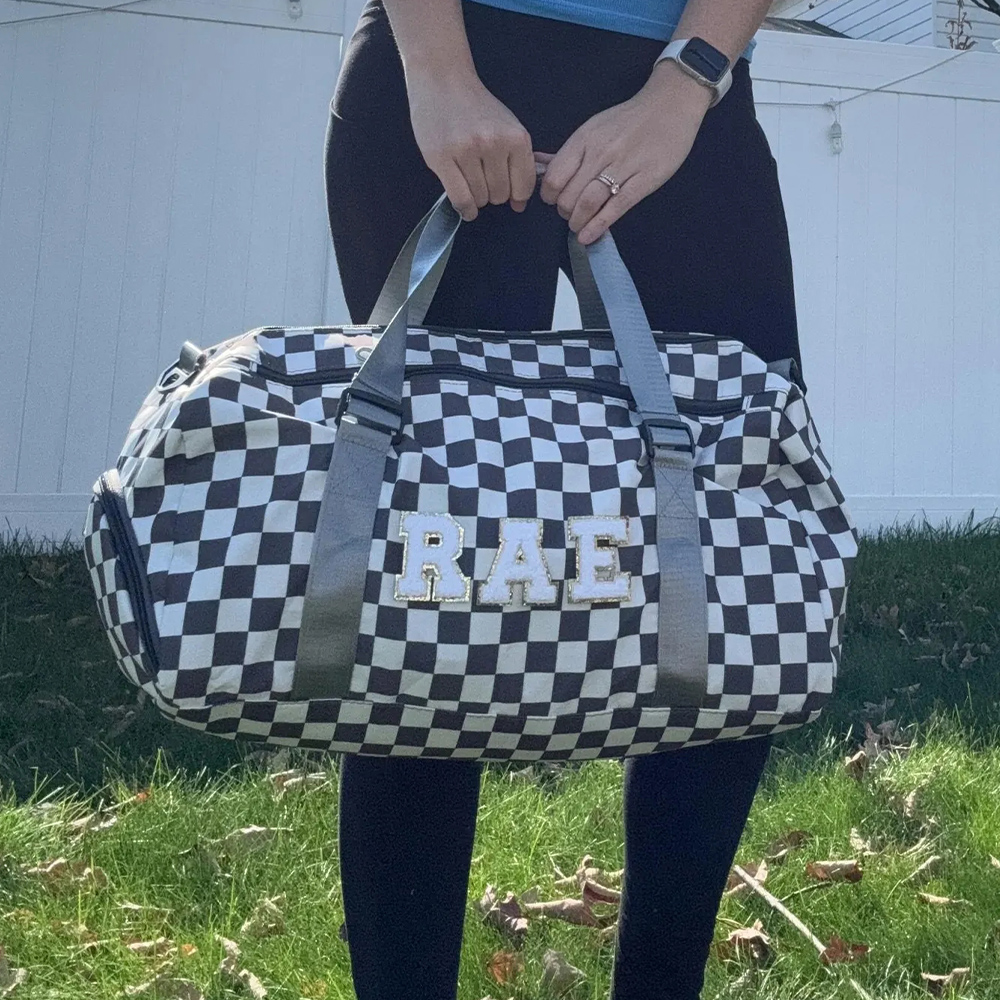 Personalized Chenille Patch Checkered Duffle Bag