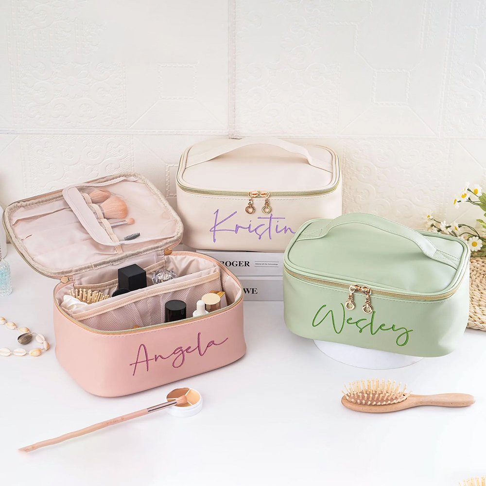 Personalized Embroidered Leather Travel Cosmetic Bag