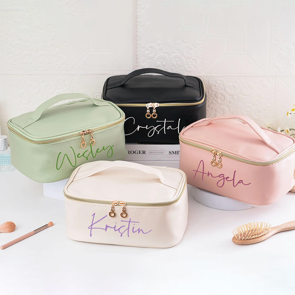 Personalized Embroidered Leather Travel Cosmetic Bag