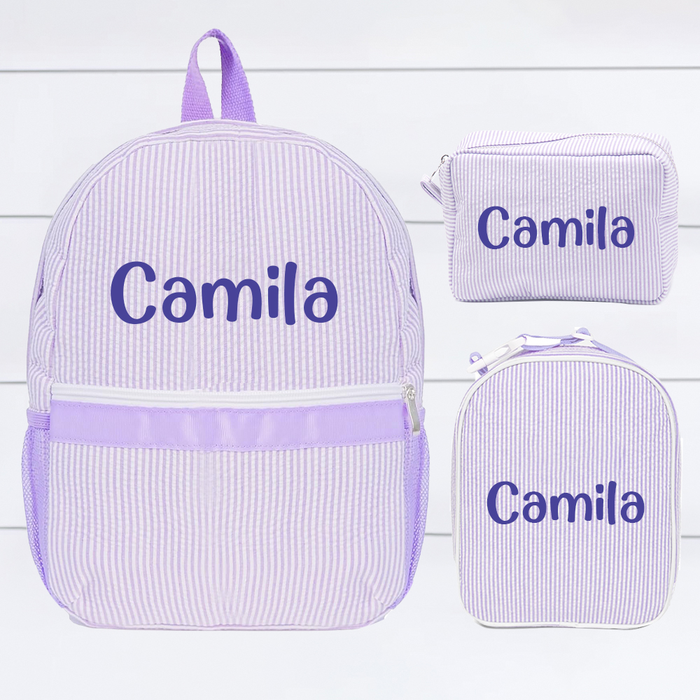 Personalized Chenille Patch Kids Seersucker School Backpack Set