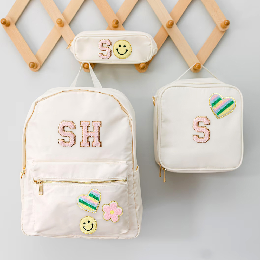 Personalized Lovely Chenille Letters Patch Kids School Backpack Set