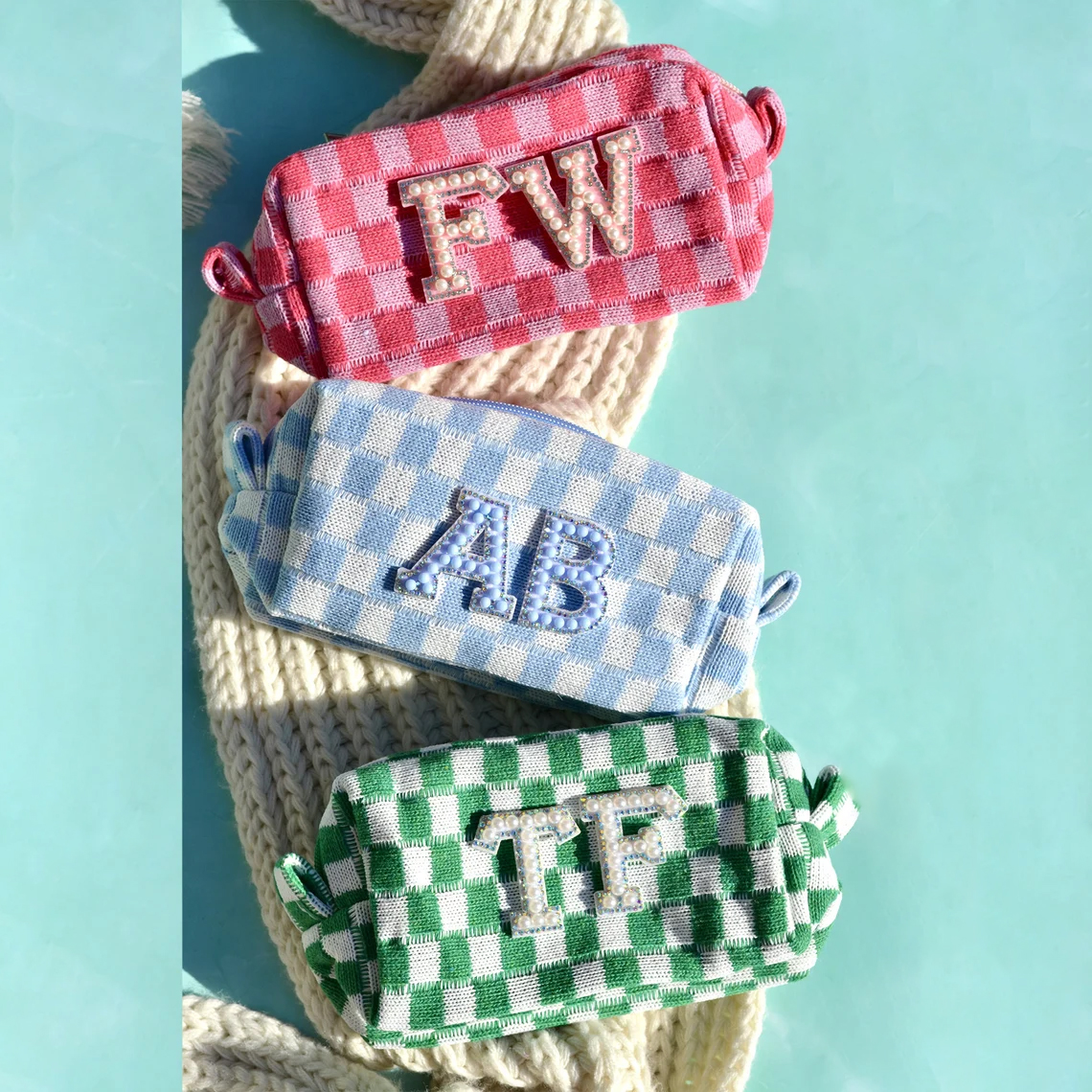 Personalized Checkered Pearl Patch Checkered Makeup Bag