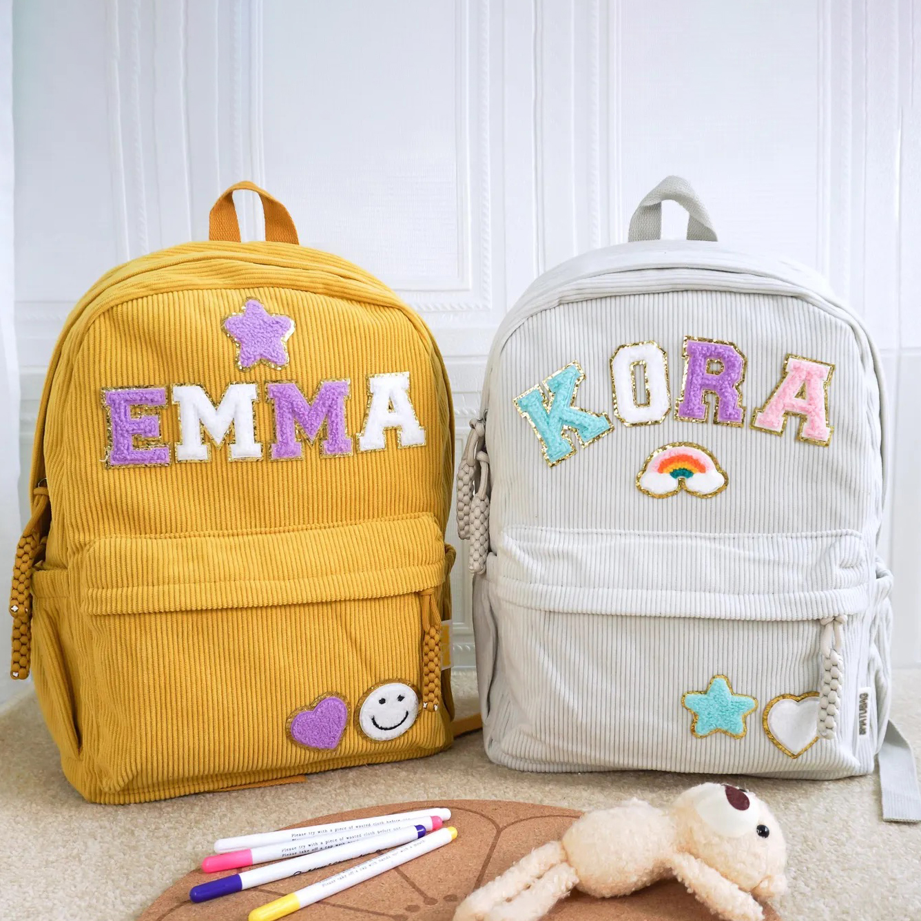 Personalized Chenille Letter Patch Corduroy Backpack