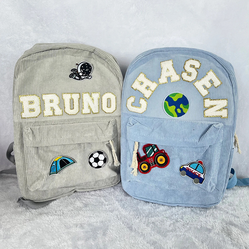 Personalized Name Chenille Patch Corduroy School Backpack