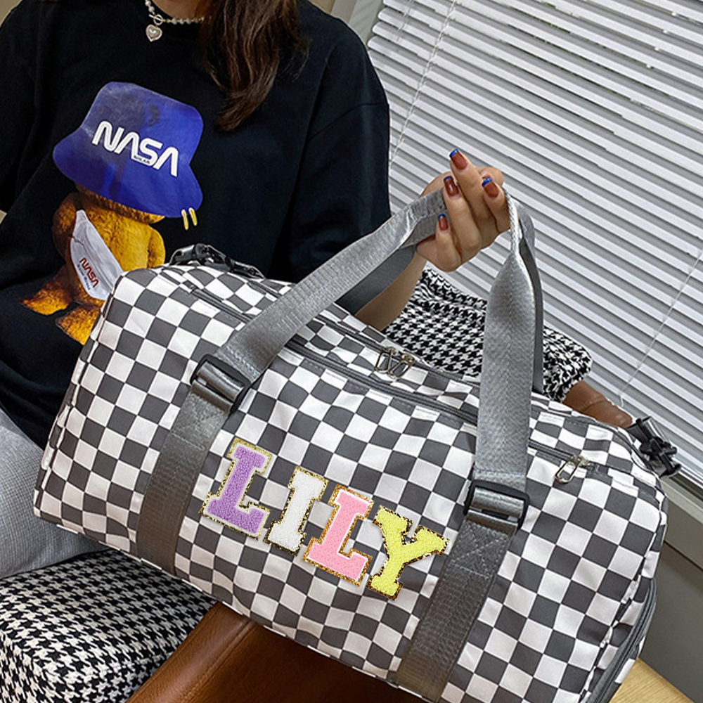 Personalized Chenille Patch Checkered Duffle Bag