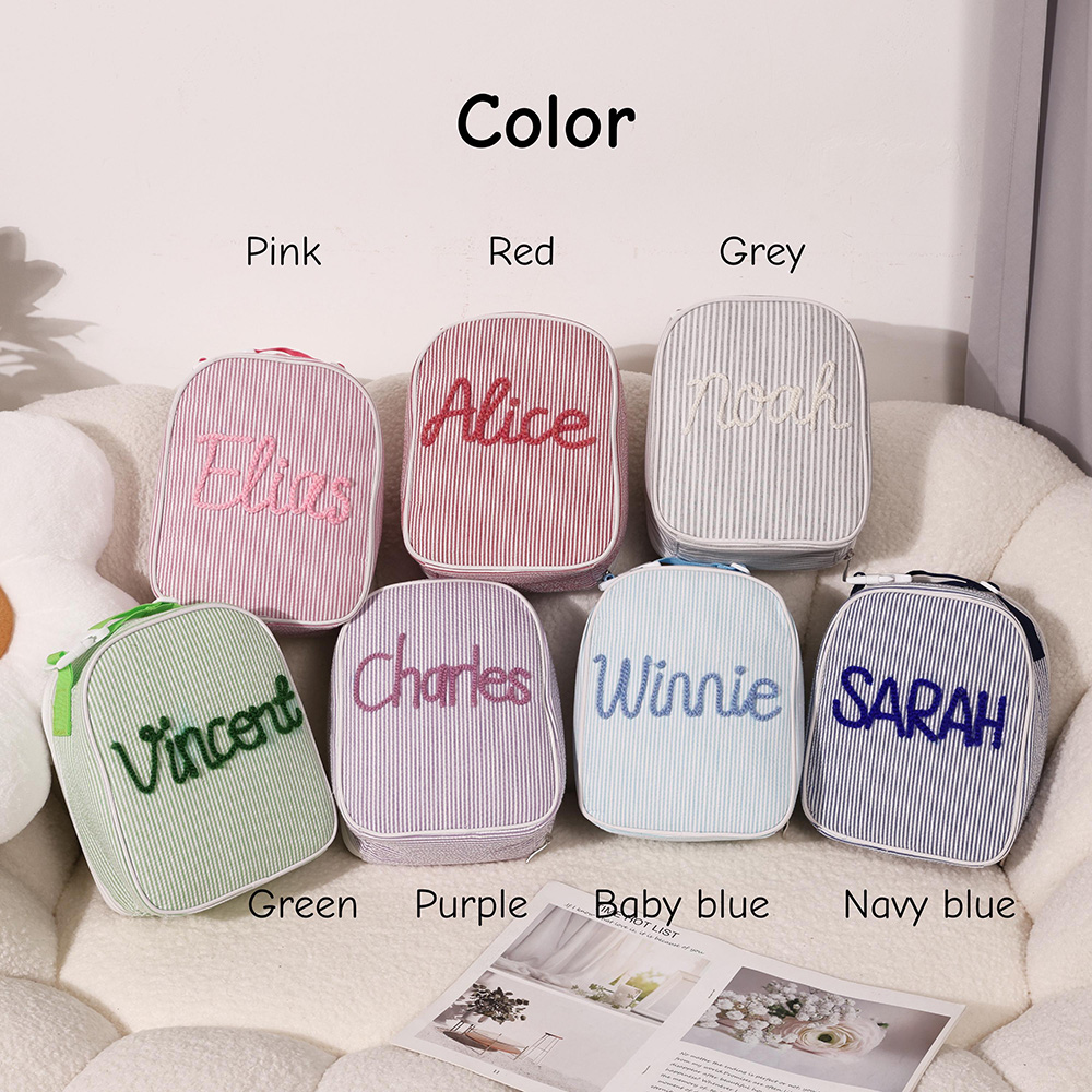 Personalized Kids Hand Embroidery Seersucker Lunch Bag