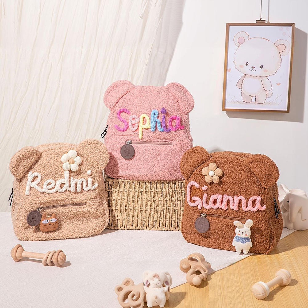 Personalized Hand Embroidery Fluffy Teddy Bear Backpack