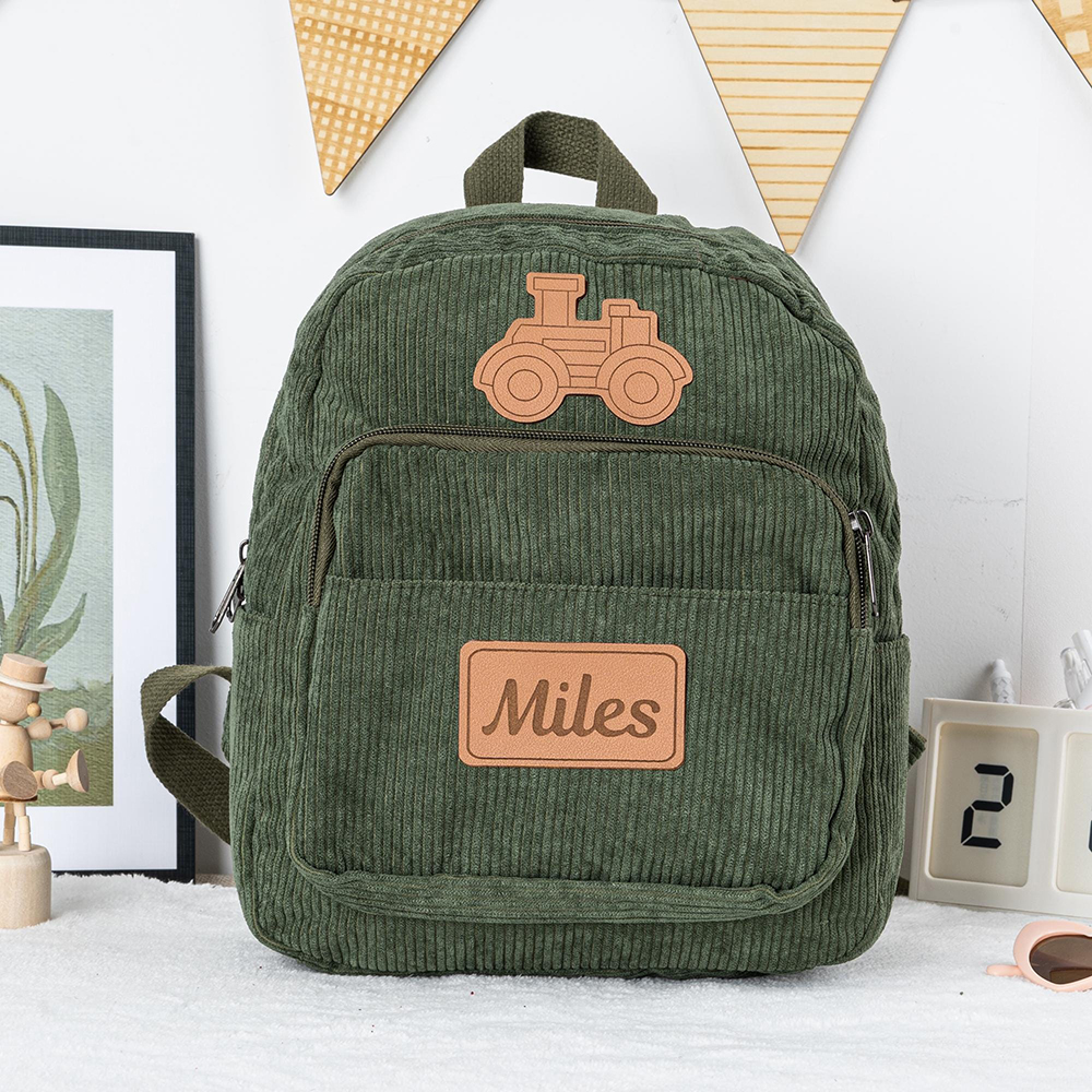 Personalized Kid Transportation Leather Label Corduroy Backpack