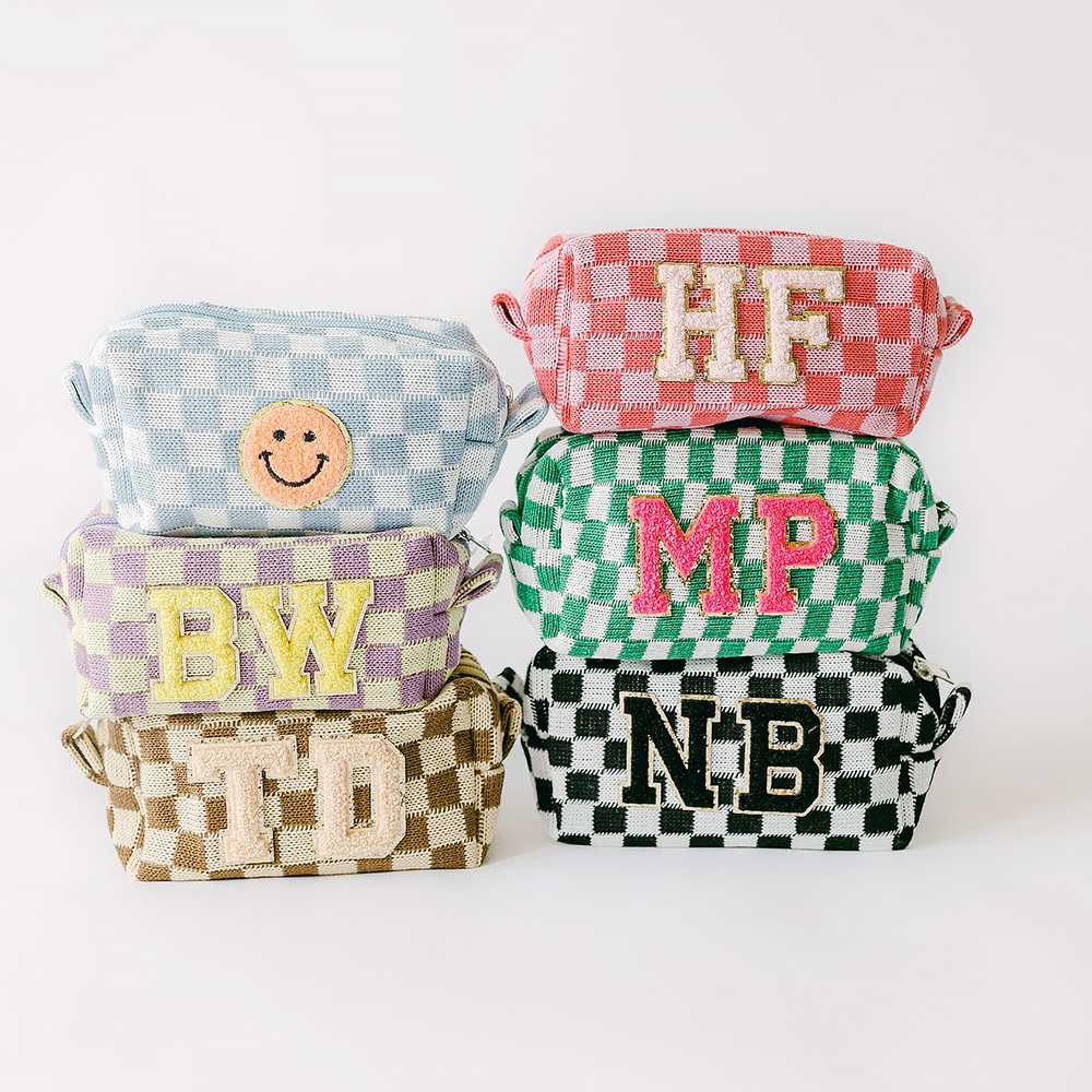 Personalized Checkered Chenille Patch Checkered Makeup Bag