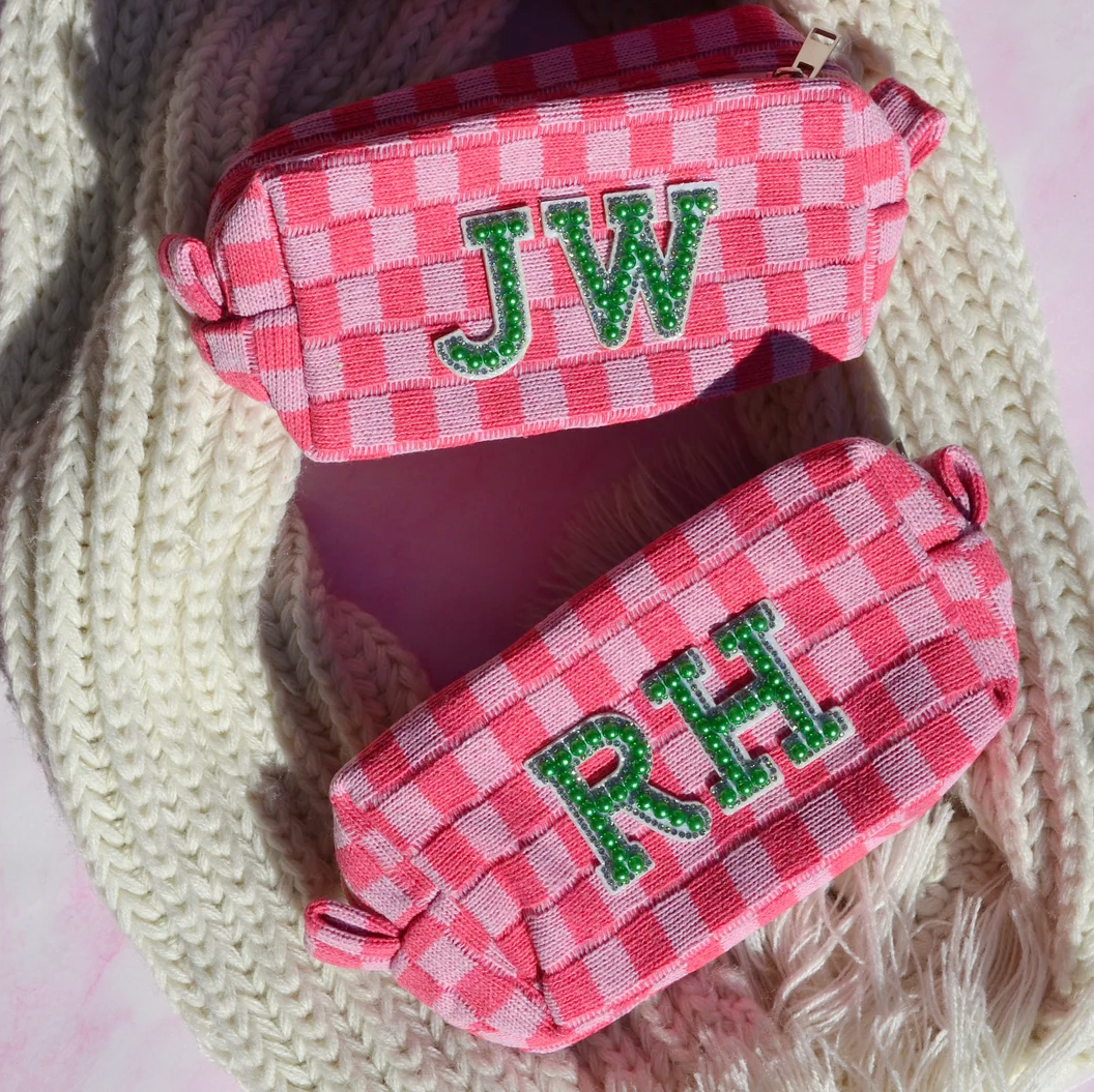 Personalized Checkered Pearl Patch Checkered Makeup Bag