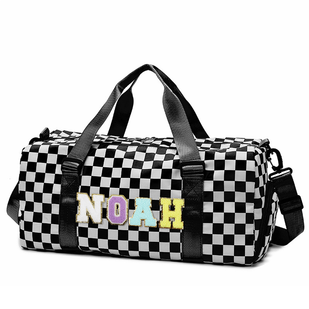 Personalized Chenille Patch Checkered Duffle Bag