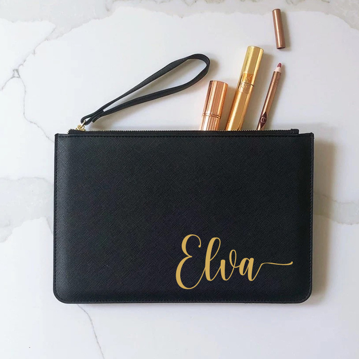 Personalised Linen Fine Grain Leather Makeup Clutch Bag