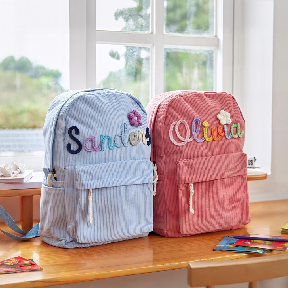 Personalized Hand Embroidered Name Floral School Backpack
