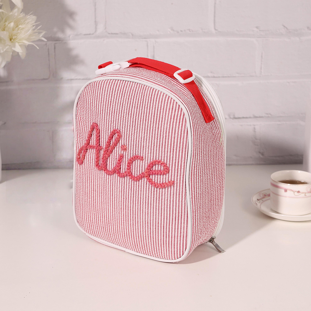 Personalized Kids Hand Embroidery Seersucker Lunch Bag