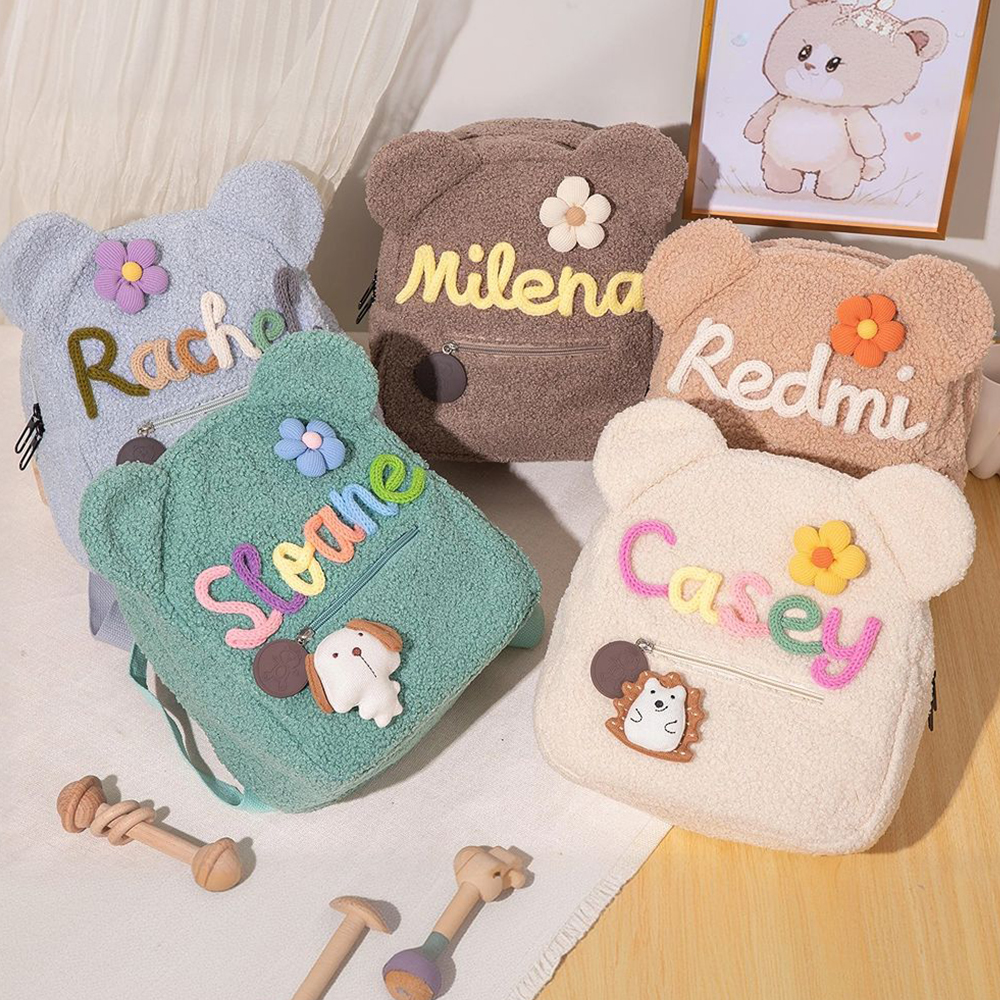 Personalized Hand Embroidery Fluffy Teddy Bear Backpack