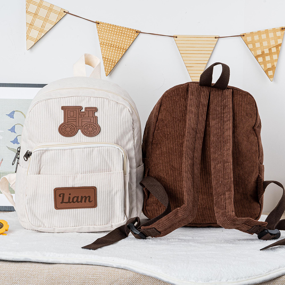 Personalized Kid Transportation Leather Label Corduroy Backpack