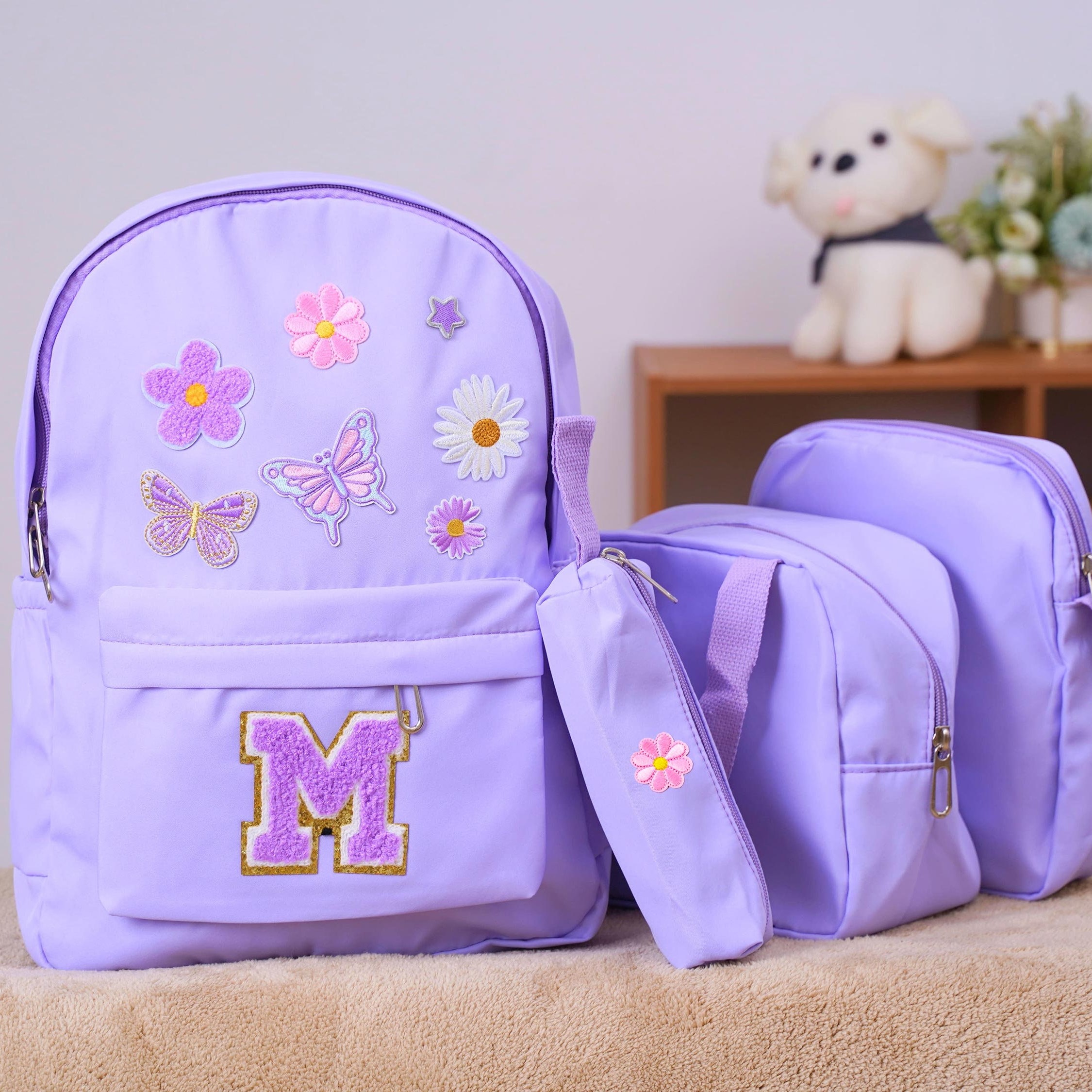 Personalized Chenille Letters Patch Kids School Backpack Set