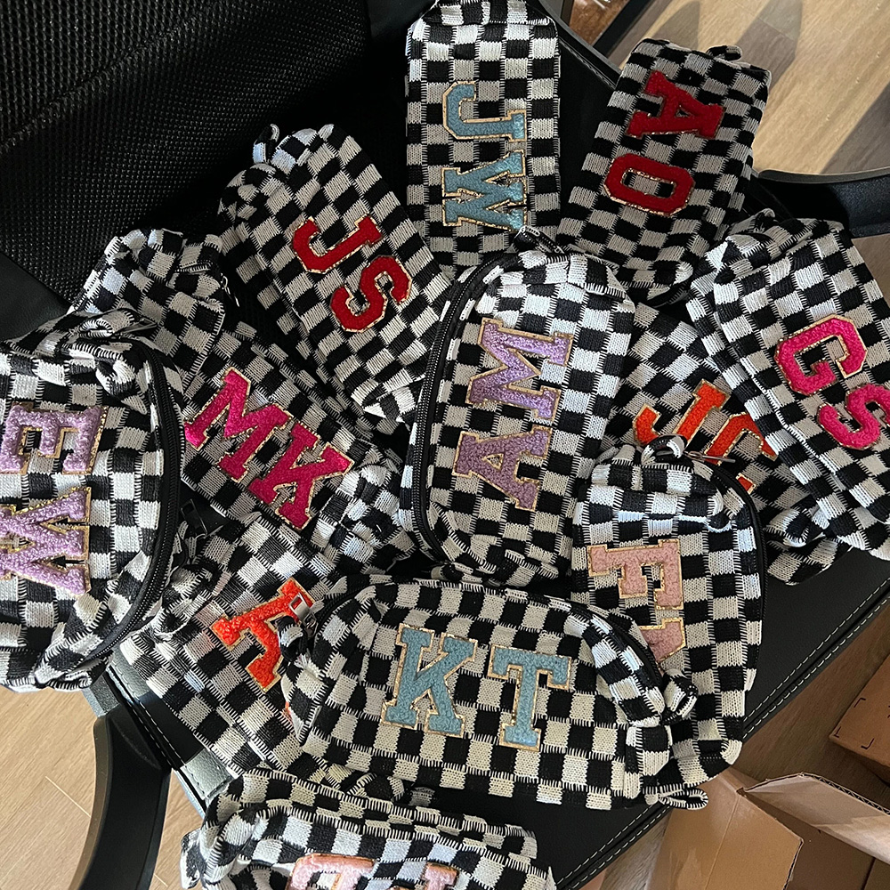 Personalized Checkered Chenille Patch Checkered Makeup Bag