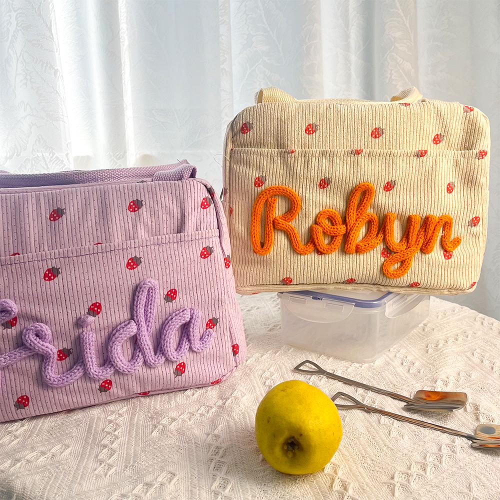 Personalized Kids Handmade Knitted Corduroy Lunch Bag
