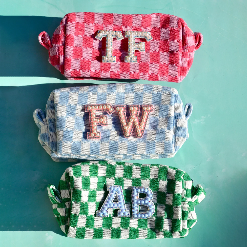 Personalized Checkered Pearl Patch Checkered Makeup Bag