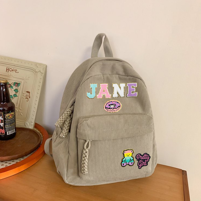 Personalized Chenille Letter Patch Corduroy Backpack