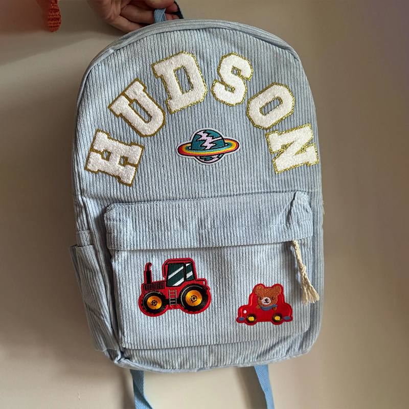 Personalized Name Chenille Patch Corduroy School Backpack