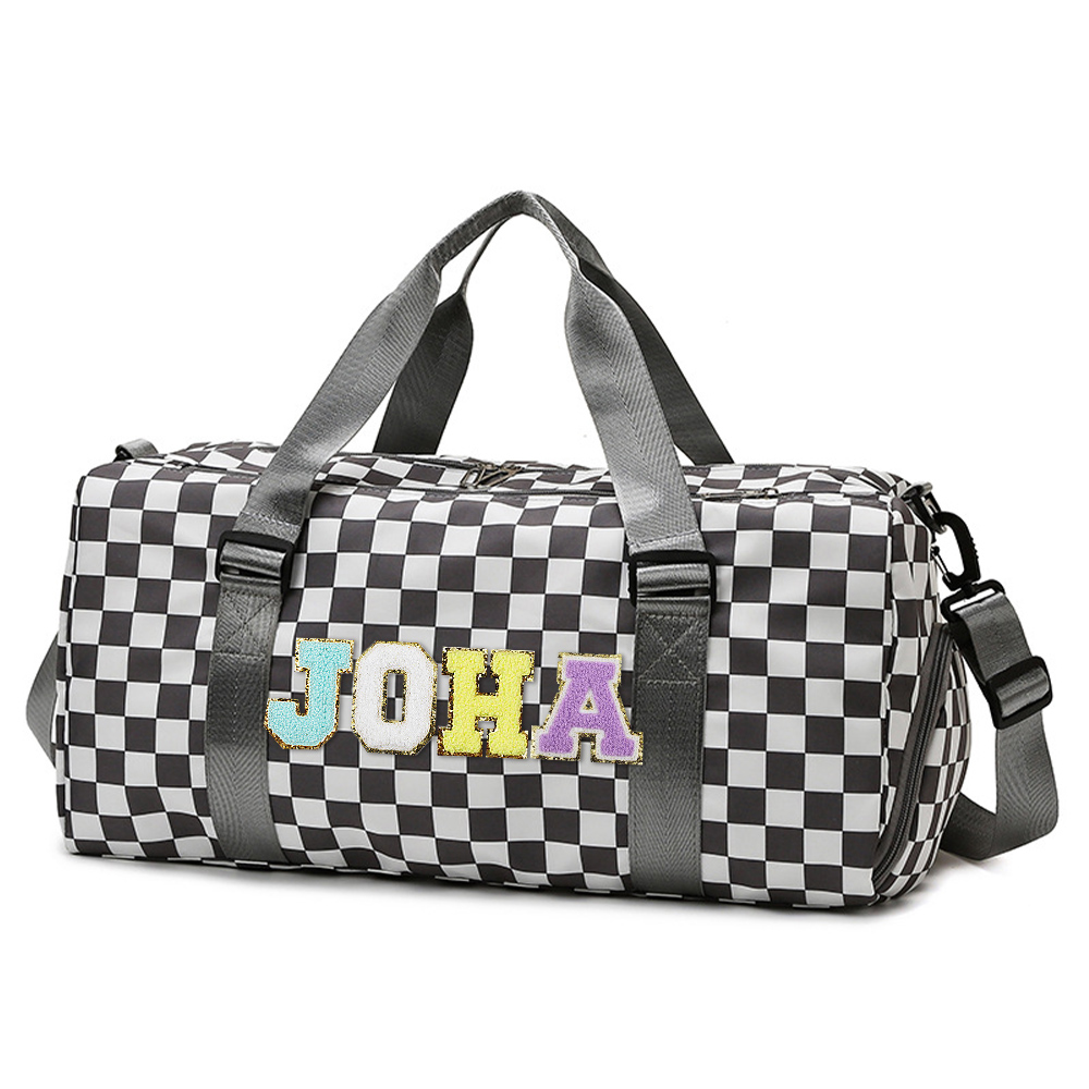 Personalized Chenille Patch Checkered Duffle Bag