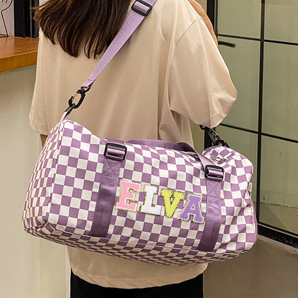 Personalized Chenille Patch Checkered Duffle Bag
