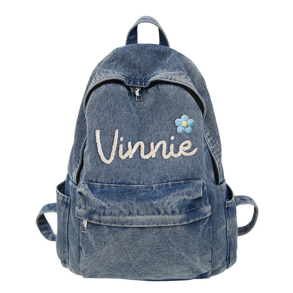 Personalized Lovely Hand Embroidery With Flower Denim Backpack