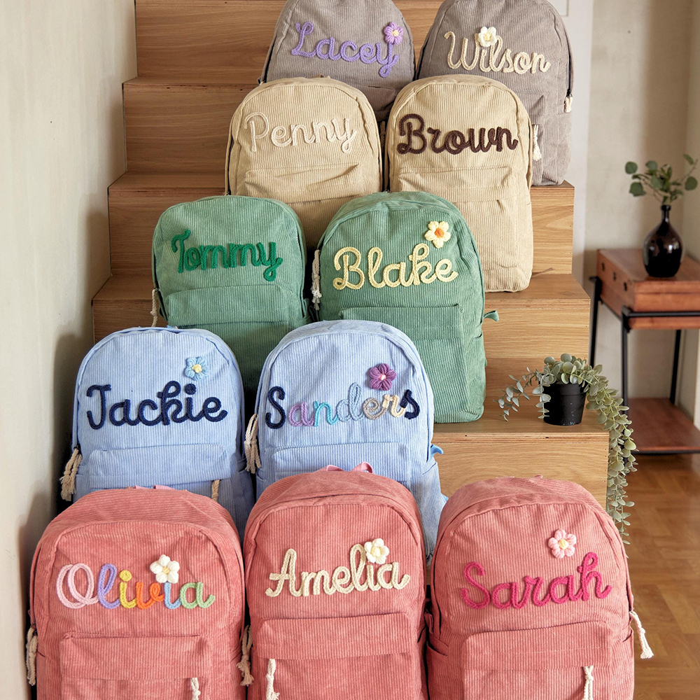 Personalized Hand Embroidered Name Floral School Backpack