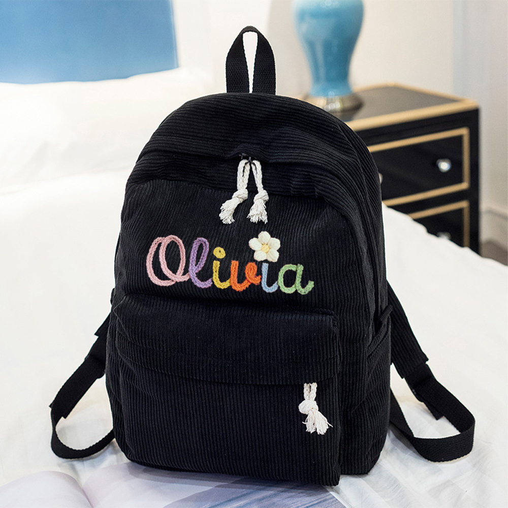 Personalized Hand Embroidered Name Floral School Backpack