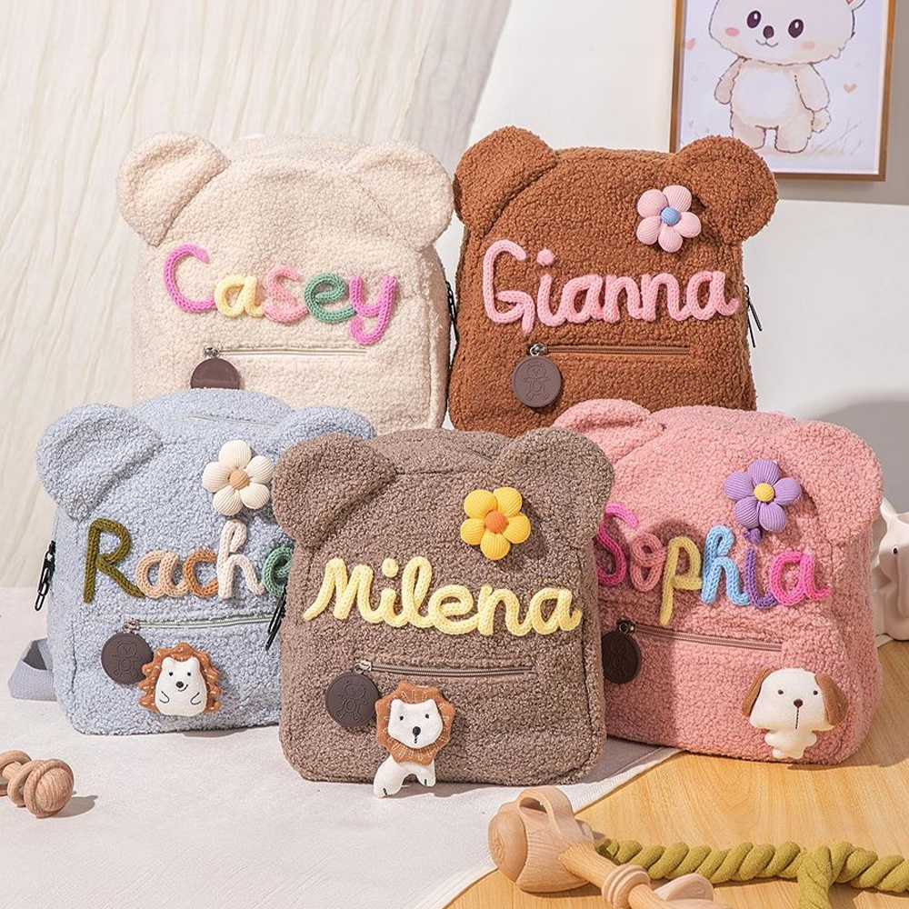 Personalized Hand Embroidery Fluffy Teddy Bear Backpack