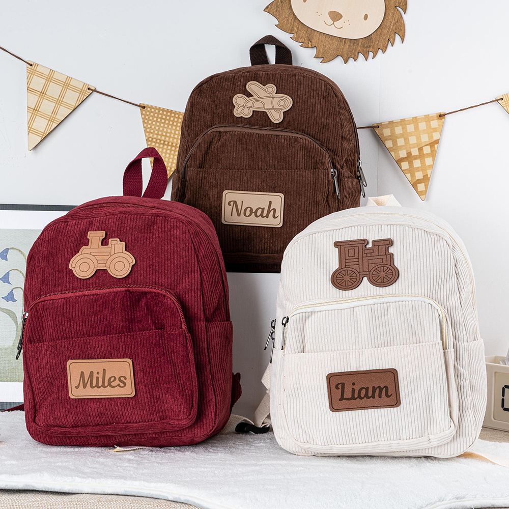 Personalized Kid Transportation Leather Label Corduroy Backpack