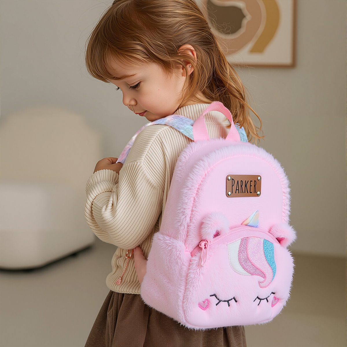 Personalized Embroidery Cute Plush Unicorn Toddler Backpack