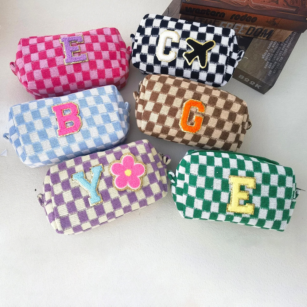 Personalized Checkered Chenille Patch Checkered Makeup Bag