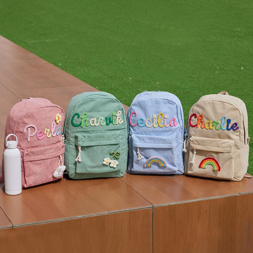 Personalized Hand Embroidery Corduroy Backpack and Handbag Set