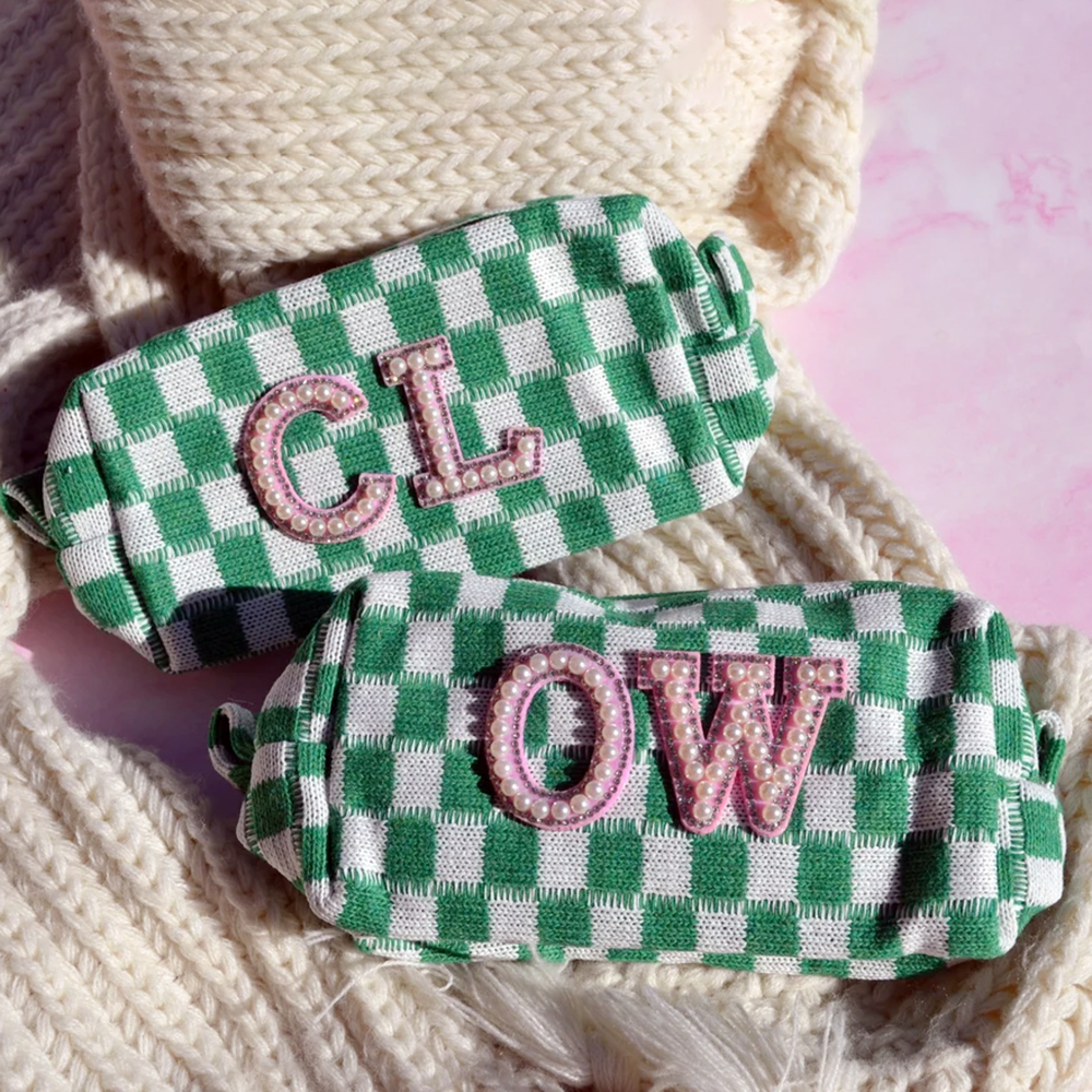 Personalized Checkered Pearl Patch Checkered Makeup Bag