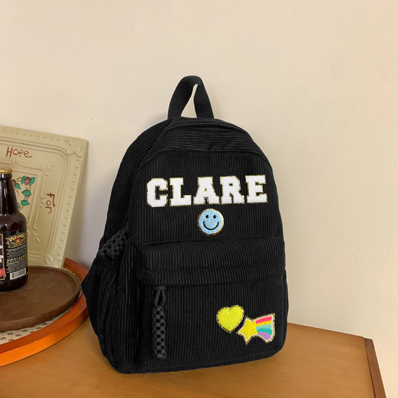 Personalized Chenille Letter Patch Corduroy Backpack