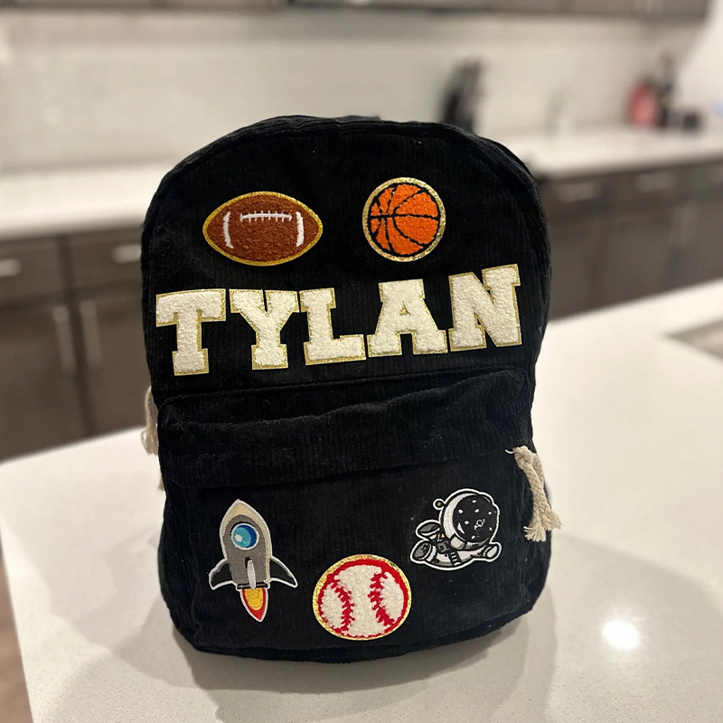 Personalized Name Chenille Patch Corduroy School Backpack