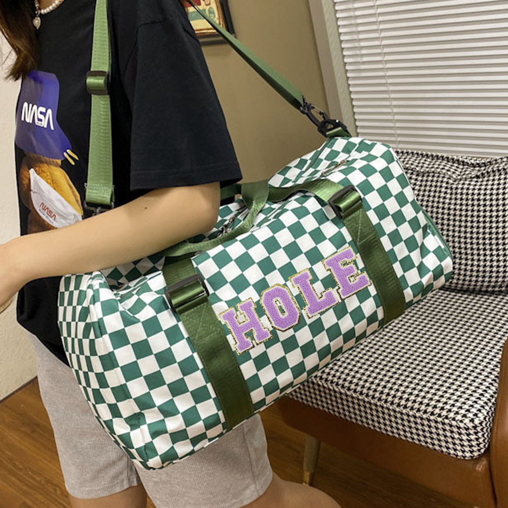 Personalized Chenille Patch Checkered Duffle Bag