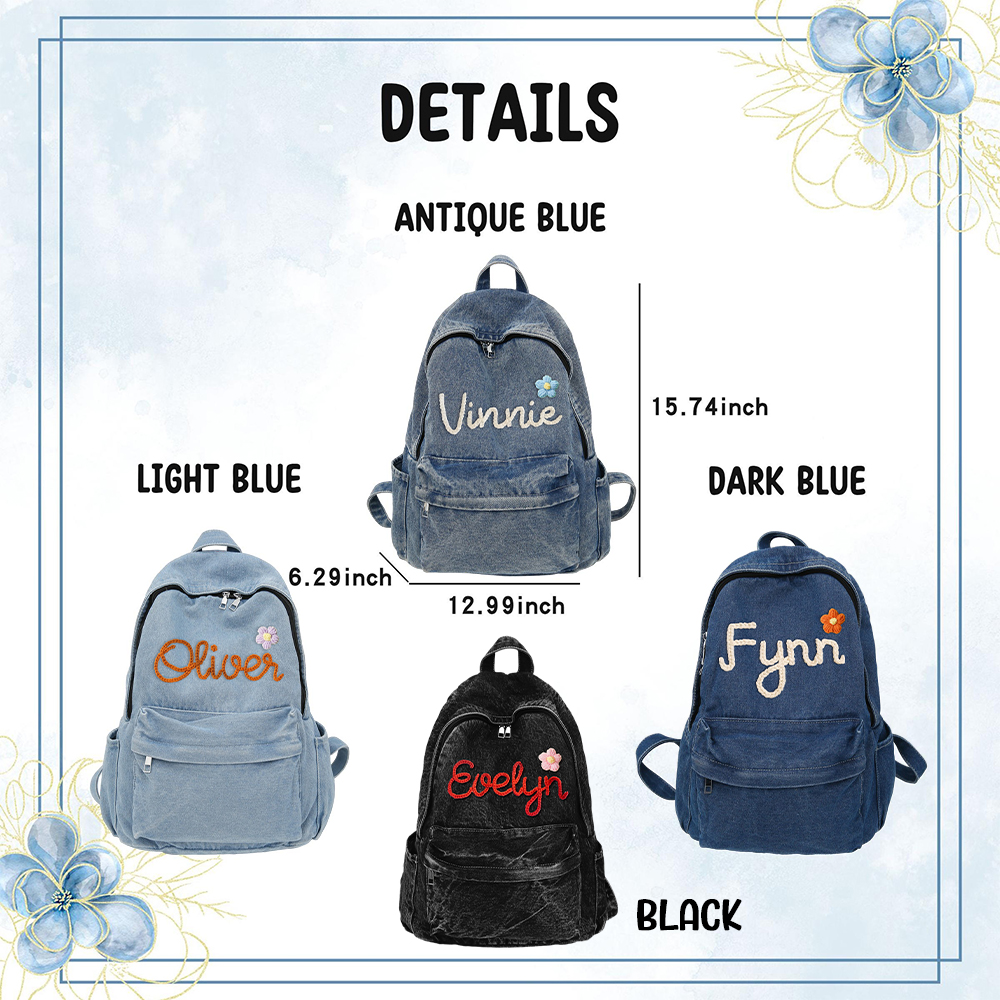 Personalized Lovely Hand Embroidery With Flower Denim Backpack