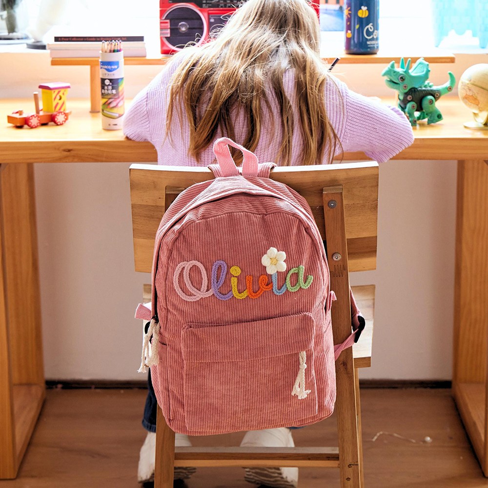 Personalized Hand Embroidered Name Floral School Backpack